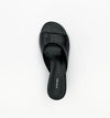 Top view of the black leather mule showing the rounded open toe, wide front strap and slip-on footbed.