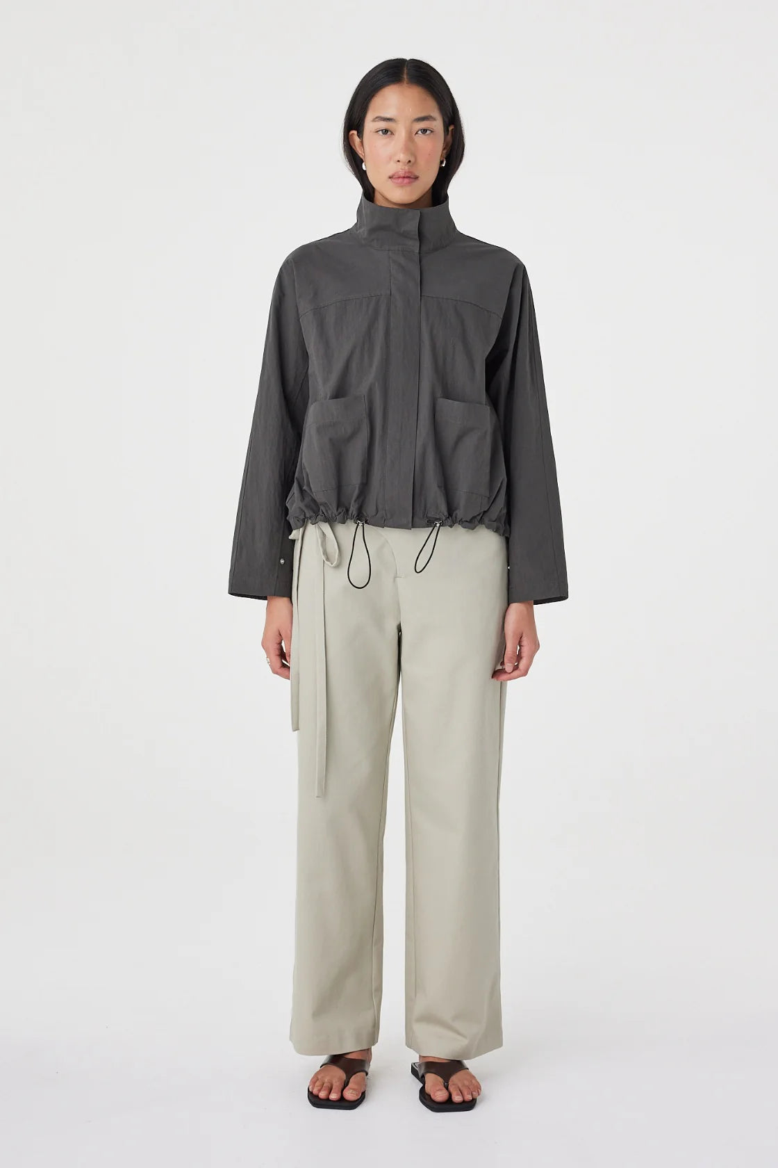 ARCAA Addie Jacket in Charcoal, full-length front view on model.
