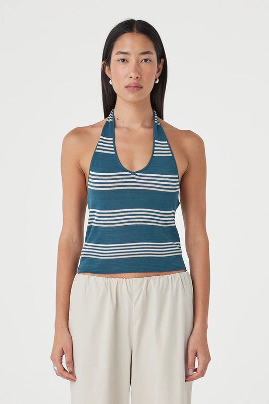 Close-up front view of the teal striped halter top showing the scoop neckline and horizontal stripe design against a clean white studio background.