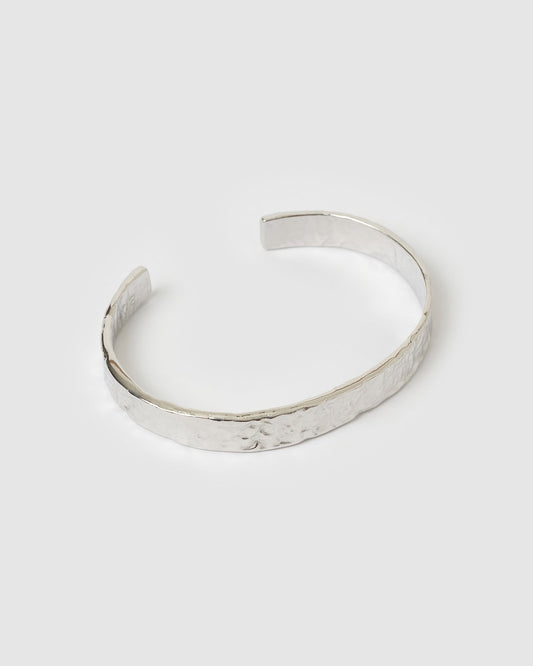Arms Of Eve Olivia Silver Cuff Bracelet, front product view showing the textured open cuff design