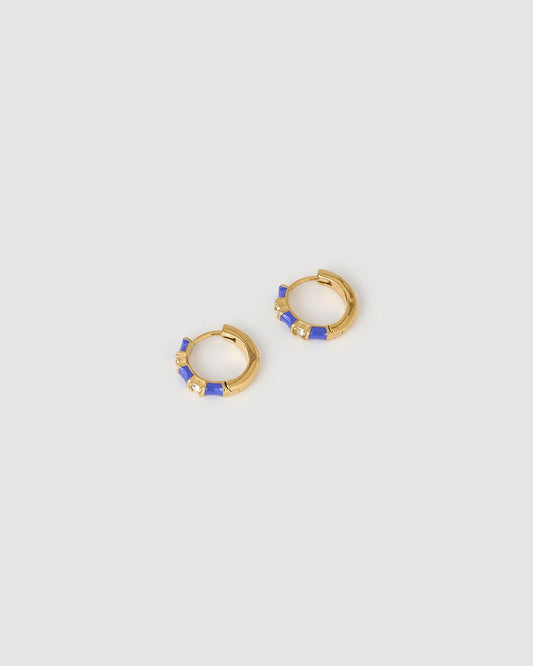 Arms Of Eve Papaya Enamel Huggies Blueberry, angled product view showing blue enamel and clear stone details.