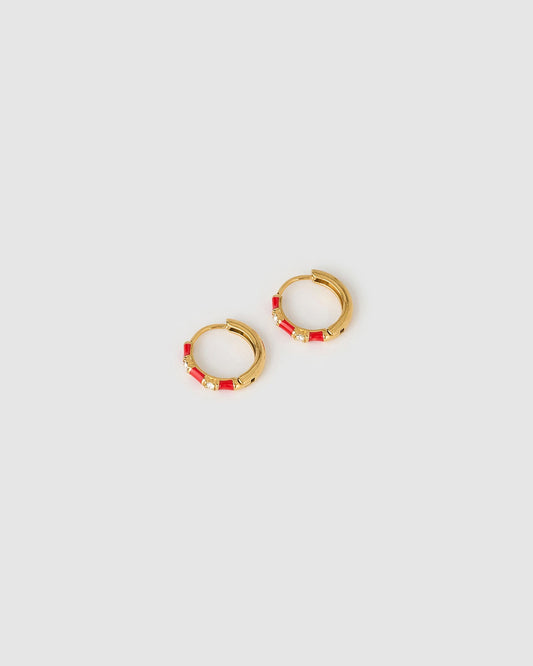 Arms Of Eve Papaya Enamel Huggies Cherry, angled product view showing red enamel and clear stone details.