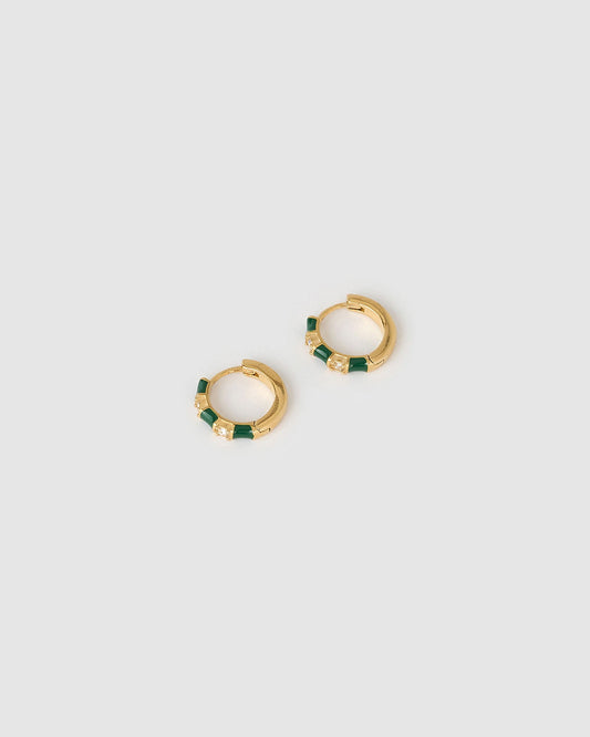 Arms Of Eve Papaya Enamel Huggies Kiwi, angled product view showing green enamel and clear stone details.