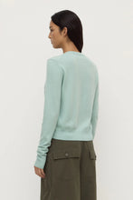 Person wearing a light green sweater and dark green pants on a white background