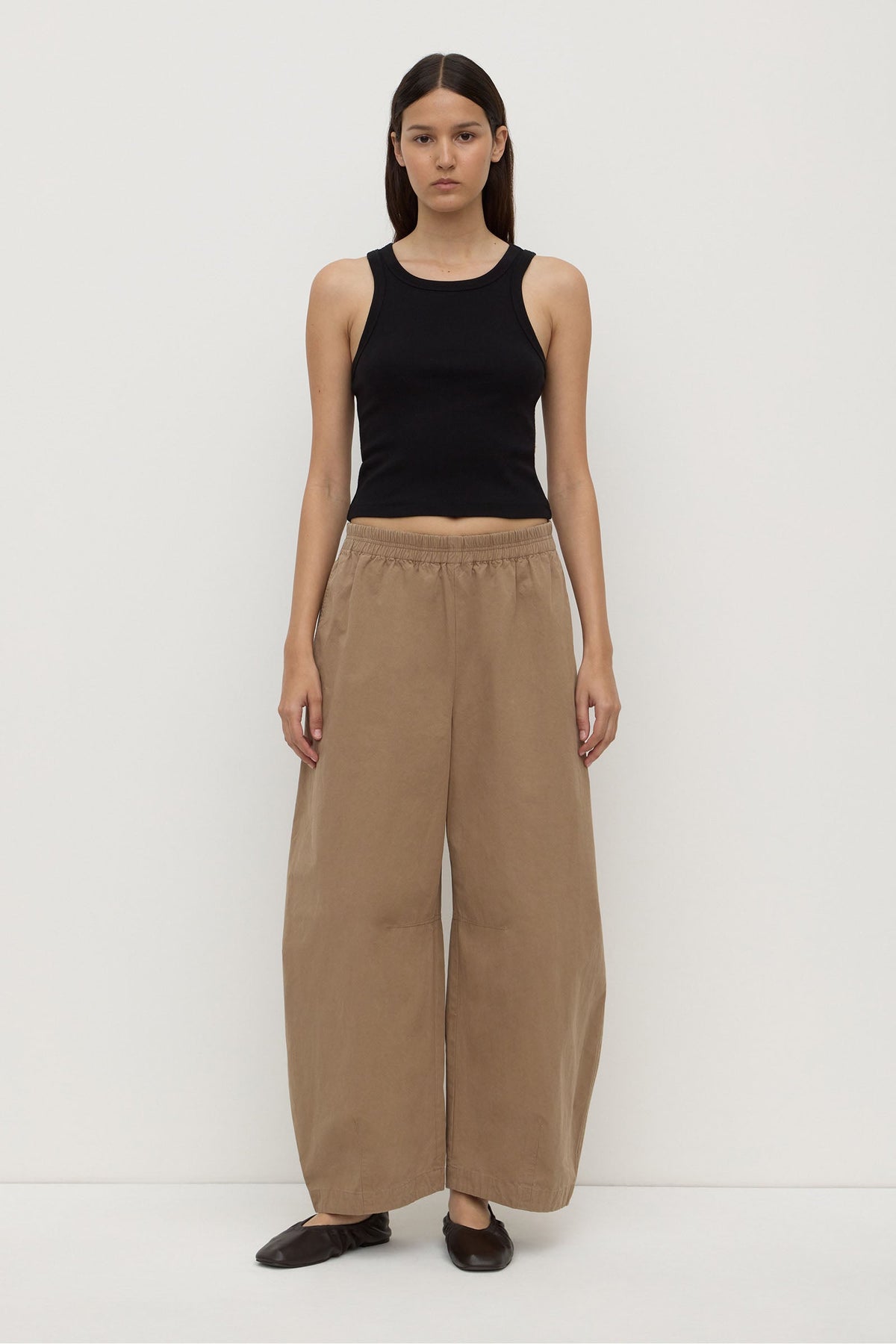 Assembly Label Lola Barrel Pant in Dark Tan, front view on model.
