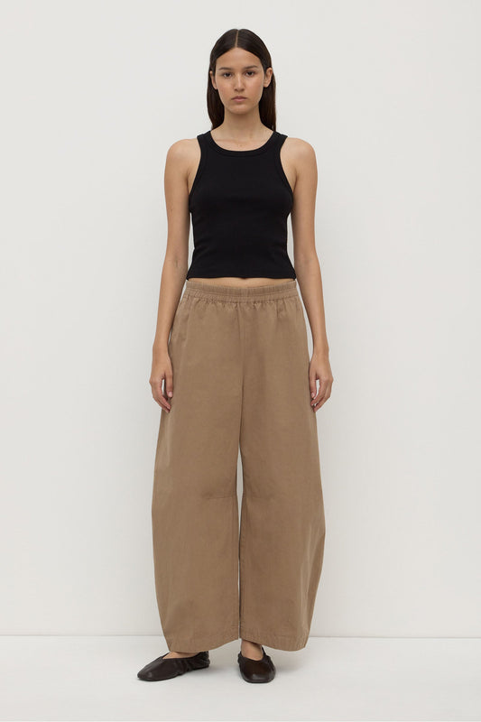 Assembly Label Lola Barrel Pant in Dark Tan, front view on model.
