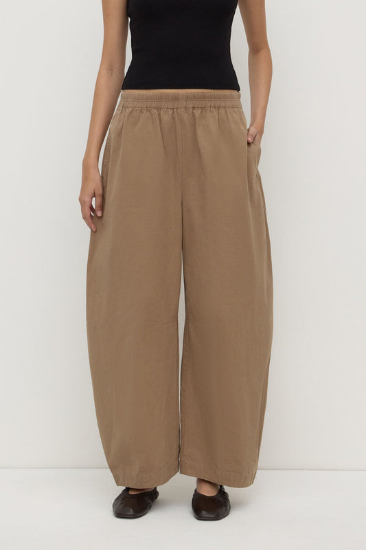 Assembly Label Lola Barrel Pant in Dark Tan, cropped front view showing the barrel-leg silhouette.
