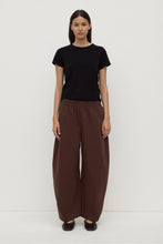 Assembly Label Lola Barrel Pant in Ganache, front view on model.
