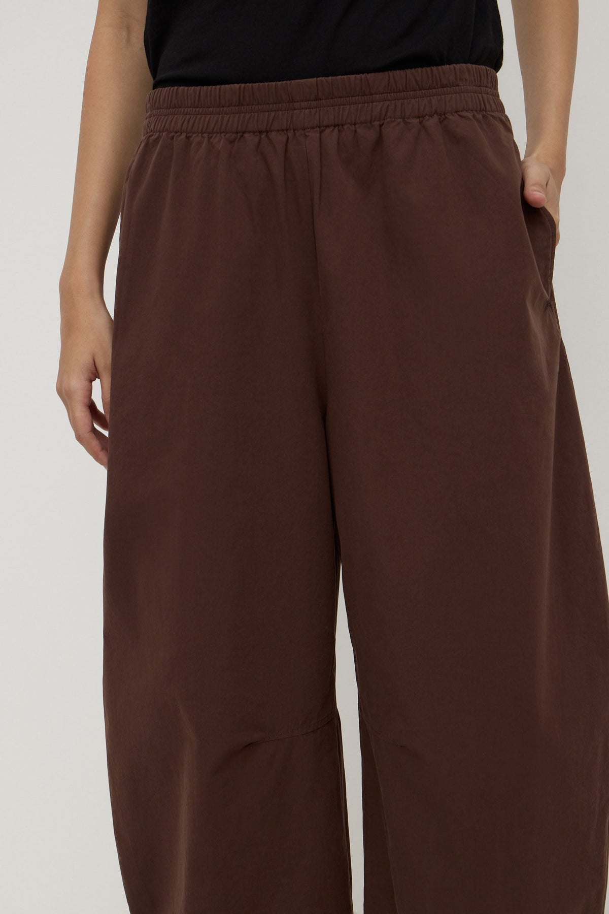 Assembly Label Lola Barrel Pant in Ganache, elasticated waistband and seam detail.
