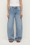 Close-up front view of indigo fade jeans showing the mid-rise waistband, button and zip fly, belt loops, curved front pockets and wide-leg shape.