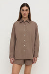 Assembly Label Micha Poplin Long Sleeve Shirt in Dark Sand — the crisp cotton shirt that quietly does the most work in your wardrobe.