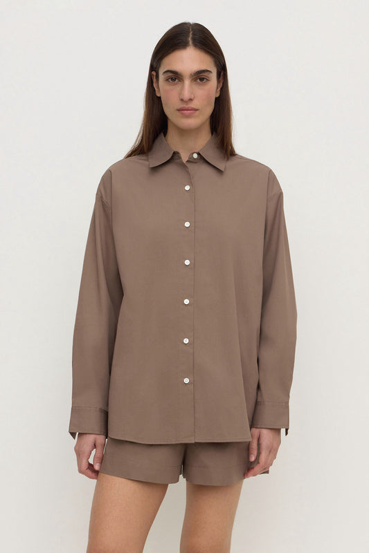 Assembly Label Micha Poplin Long Sleeve Shirt in Dark Sand — the crisp cotton shirt that quietly does the most work in your wardrobe.