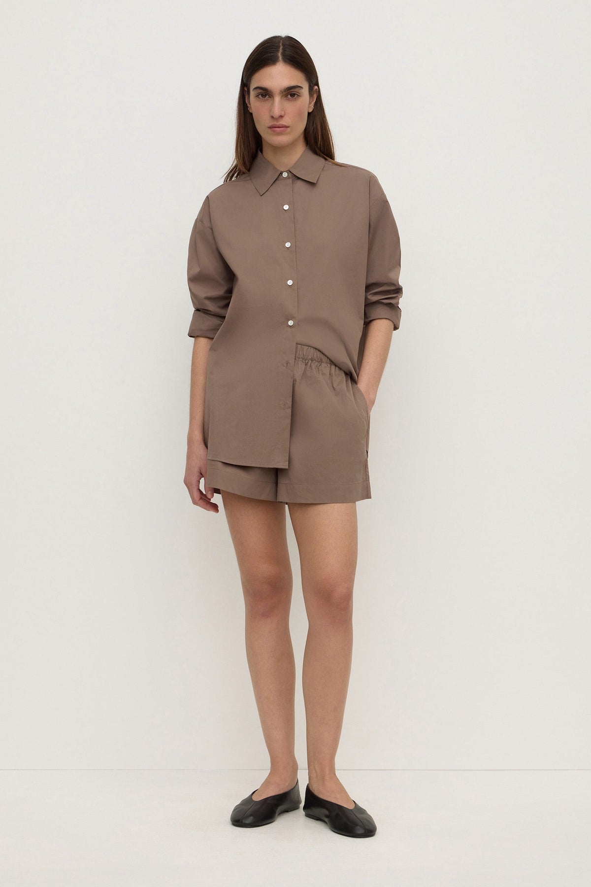 Assembly Label Micha Poplin Long Sleeve Shirt in Dark Sand — the crisp cotton shirt that quietly does the most work in your wardrobe.