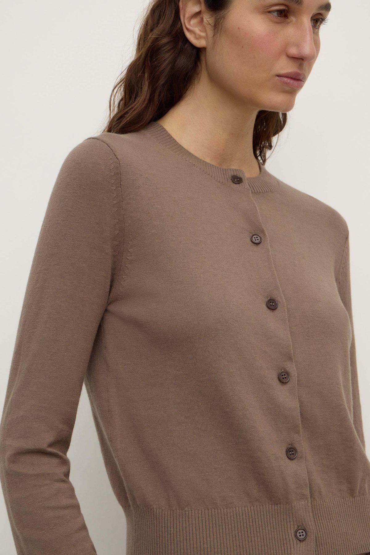 Assembly Label Orina Cotton Cashmere Cardigan in Dark Sand — the cardigan that makes cooler days feel like a treat.
