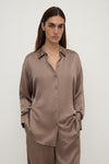 Assembly Label Pippa Silk Long Sleeve Shirt in Dark Sand — consider this your new quiet-luxury uniform piece.