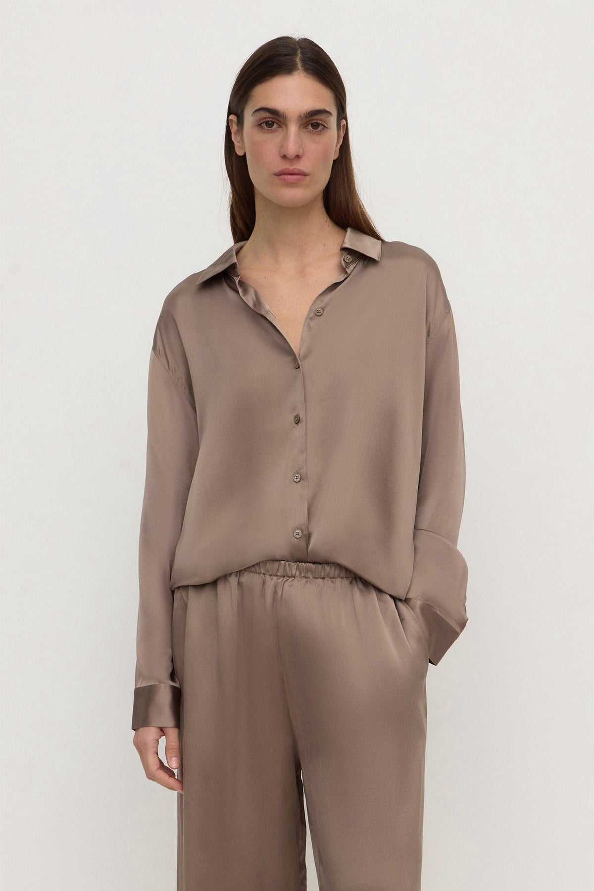 Assembly Label Pippa Silk Long Sleeve Shirt in Dark Sand — consider this your new quiet-luxury uniform piece.