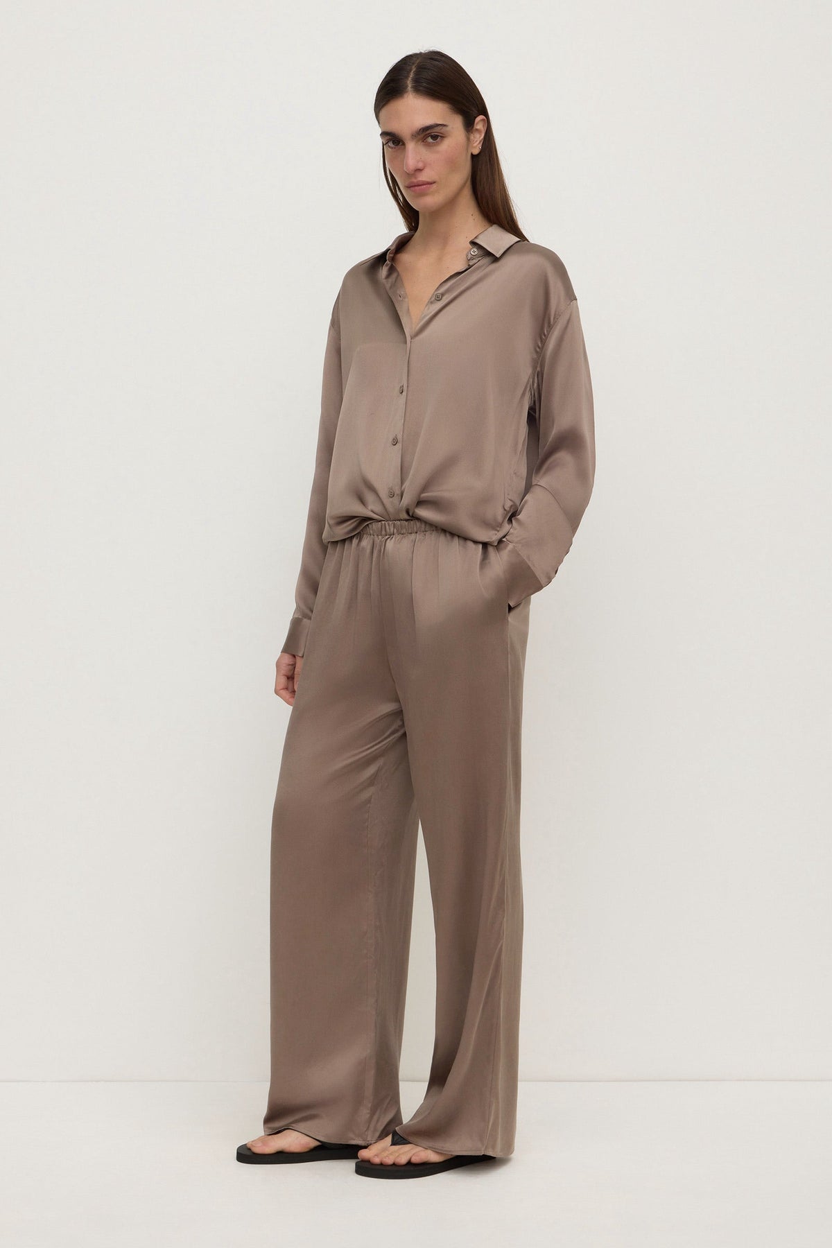 Assembly Label Pippa Silk Long Sleeve Shirt in Dark Sand — consider this your new quiet-luxury uniform piece.