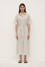 Model wearing the Cream/Smoke striped midi shirt dress with black sandals, showing the shirt collar, button front, short sleeves, waist tie and midi-length silhouette, front view

