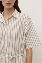 Close-up of the Cream/Smoke striped shirt dress, showing the pointed collar, button front, short sleeves, vertical stripes and waist tie detail
