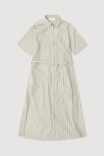 Cream and Smoke striped midi shirt dress laid flat, showing the shirt collar, short sleeves, button-through front and removable waist tie