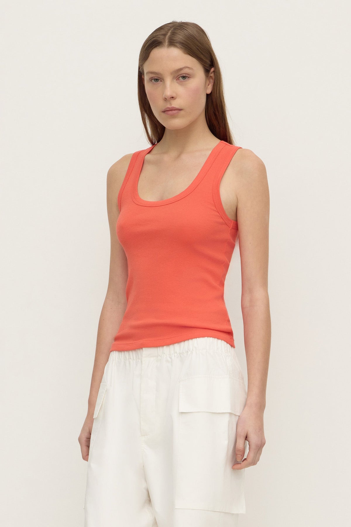 Close-up three-quarter view of the dahlia rib tank showing the fitted shape and scoop neckline.