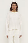 Assembly Label Slow Burn Wide Sleeve Tee in Antique White, front view on model.
