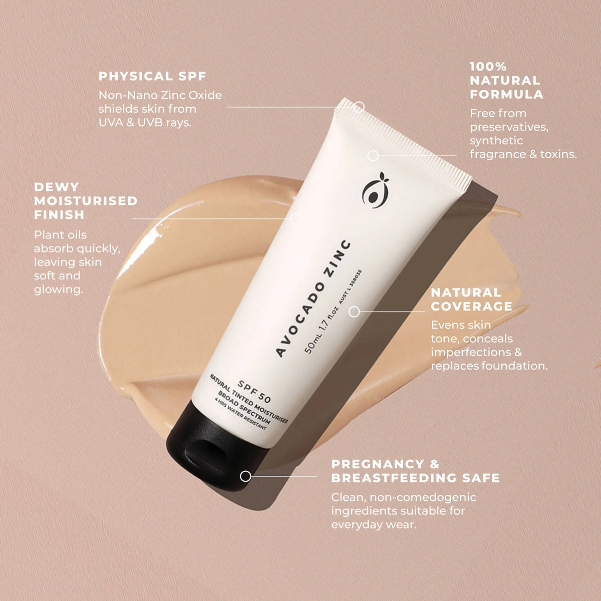Avocado Zinc Light - Medium Tinted Moisturiser — this 100% natural tinted moisturiser delivers light, breathable coverage while hydrating and protecting your skin with SPF 50.