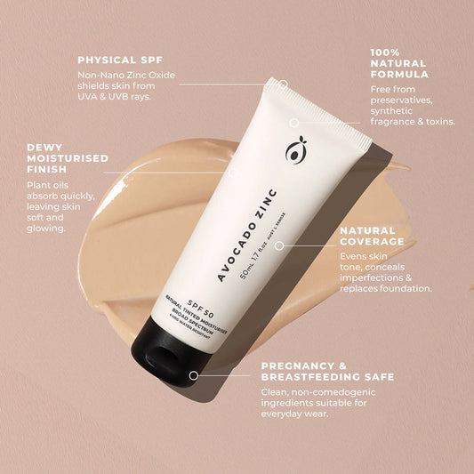 Avocado Zinc sunscreen tube with product features on a beige background