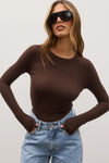 Bayse Brand Nyla Top in Espresso, close-up front view on model.
