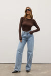 Bayse Brand Nyla Top in Espresso, full-length styled front view with blue jeans.
