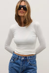 Bayse Brand Nyla Top in White, close-up front view showing the ribbed finish.
