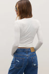 Bayse Brand Nyla Top in White, back view on model.