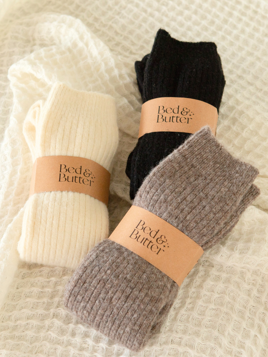 Bed & Butter The Comfiest Socks in Light Choccy — Sold-Out Collection 7x Made from a blend of responsibly sourced cashmere wool and recycled fibres, these socks will keep your feet cosy and comfy.