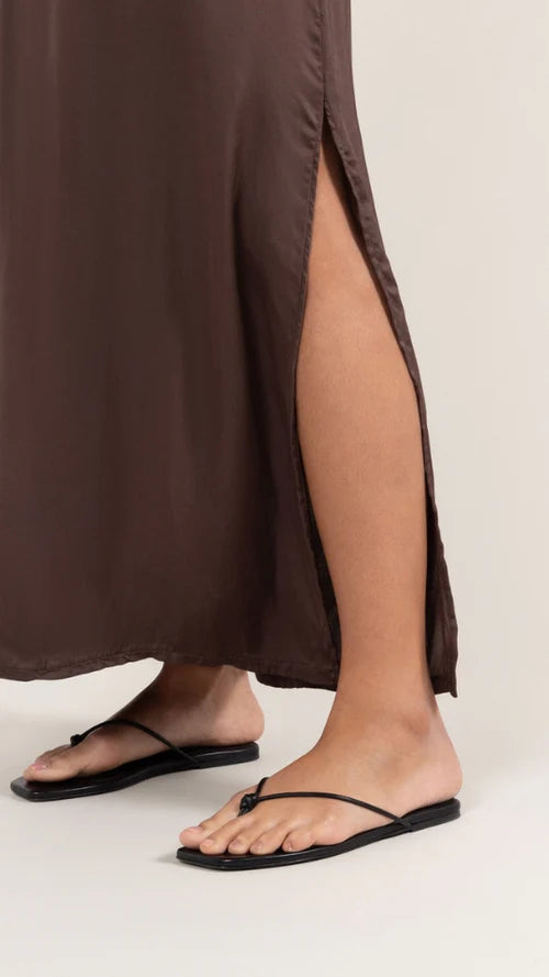 Charli London Oona Satin Dress in Dark Espresso, product photo.