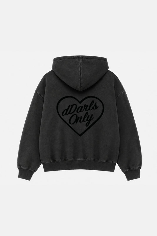 dDARL dDARLS Only Black Hoodie in Black, back flat lay with dDARLS Only heart graphic