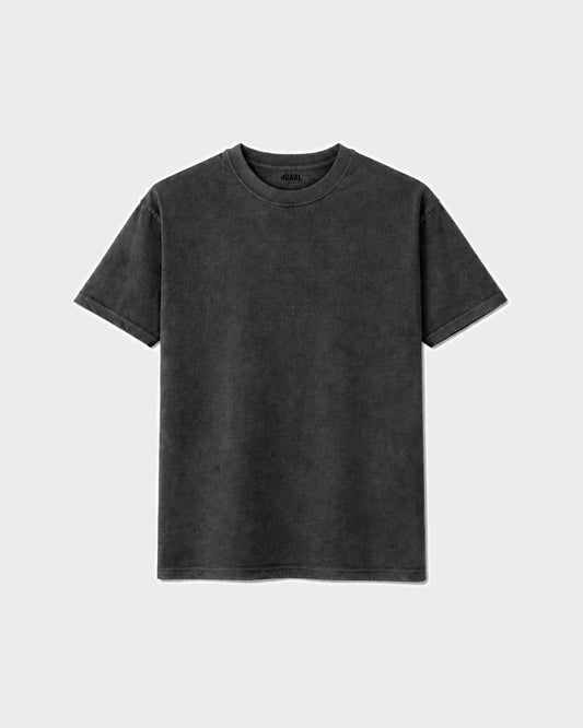 A dark charcoal gray short-sleeve crewneck t-shirt with a washed, textured finish, displayed flat against a light gray background.