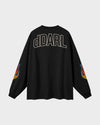 dDARL Flame LS Tee in Black, back flat lay with outlined dDARL logo