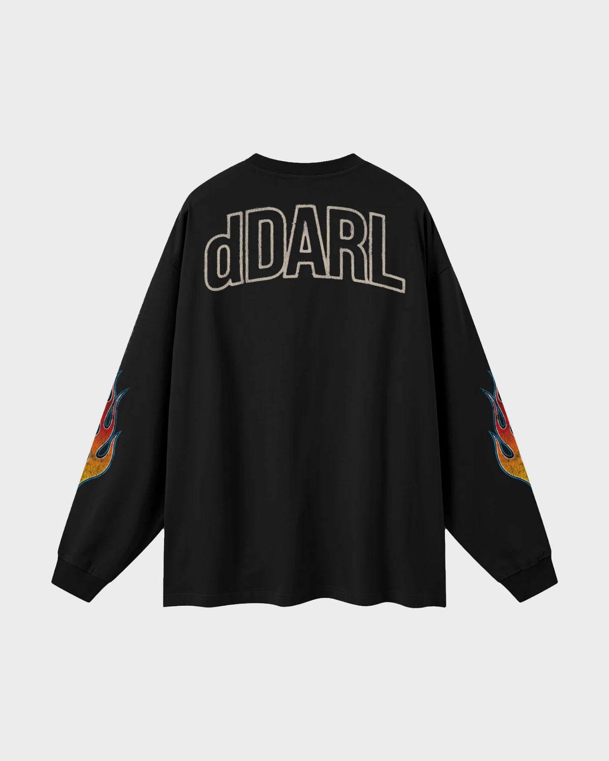 dDARL Flame LS Tee in Black, back flat lay with outlined dDARL logo
