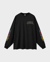 dDARL Flame LS Tee in Black, front flat lay with flame sleeves