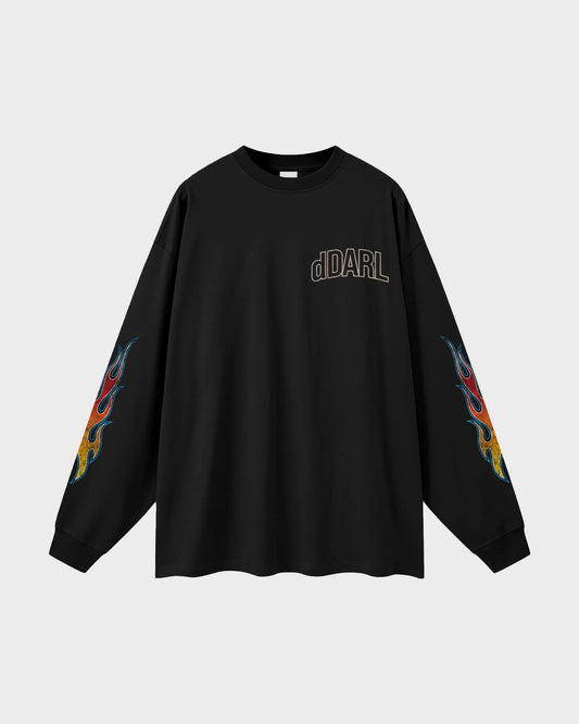 dDARL Flame LS Tee in Black, front flat lay with flame sleeves