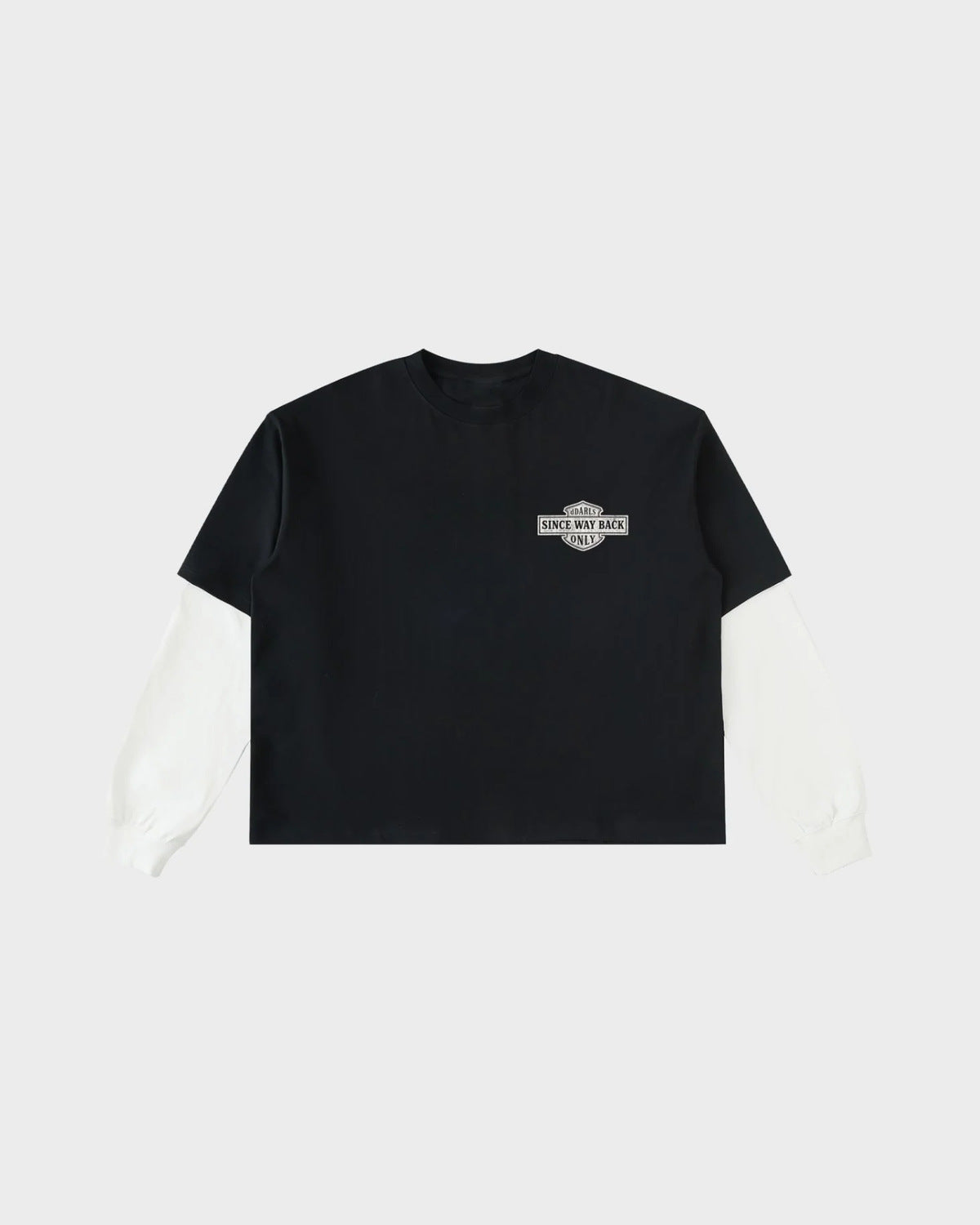 dDARL Lovers Layered Tee in Black, front flat lay with white contrast sleeves