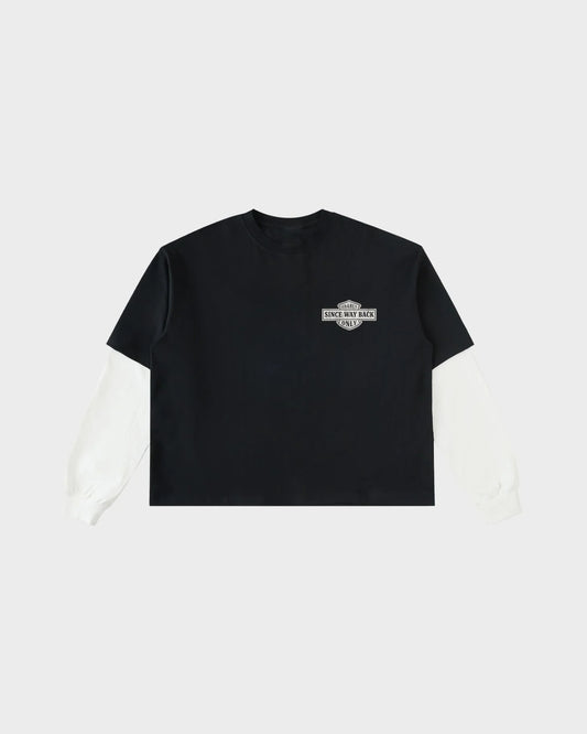 dDARL Lovers Layered Tee in Black, front flat lay with white contrast sleeves