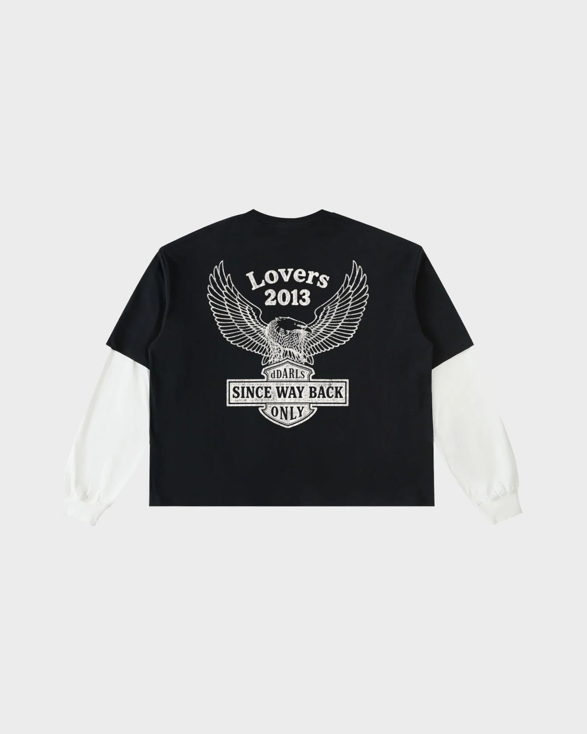 dDARL Lovers Layered Tee in Black, back flat lay with Lovers 2013 eagle graphic