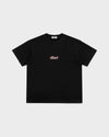 dDARL Puff Tee in Black, front flat lay with pink puff logo