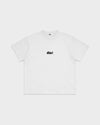 dDARL Puff Tee in White, front flat lay with black puff logo