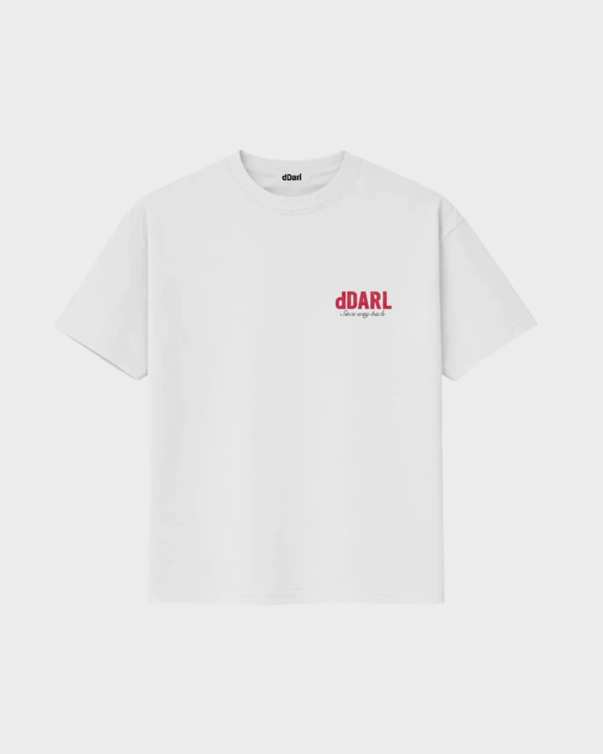 dDARL Rodeo Tee in White, front flat lay with chest logo