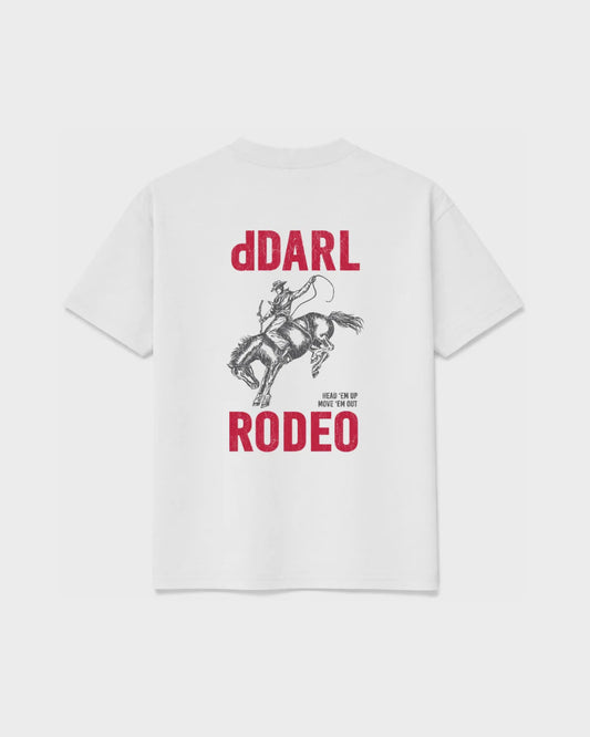 dDARL Rodeo Tee in White, back flat lay with rodeo rider graphic