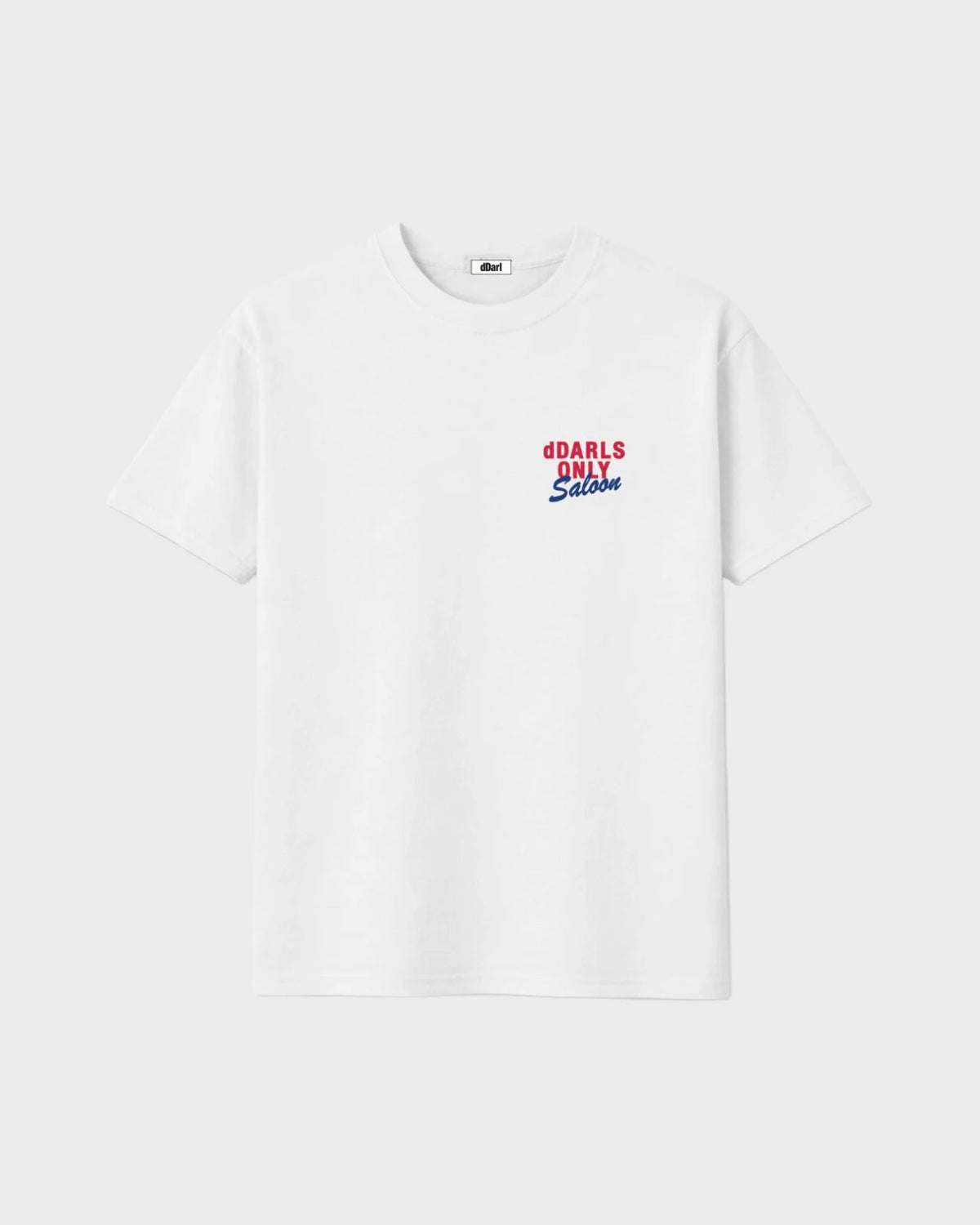 dDARL Saloon Tee in White, front flat lay with Saloon chest graphic