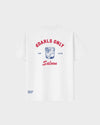dDARL Saloon Tee in White, back flat lay with Gin Club graphic