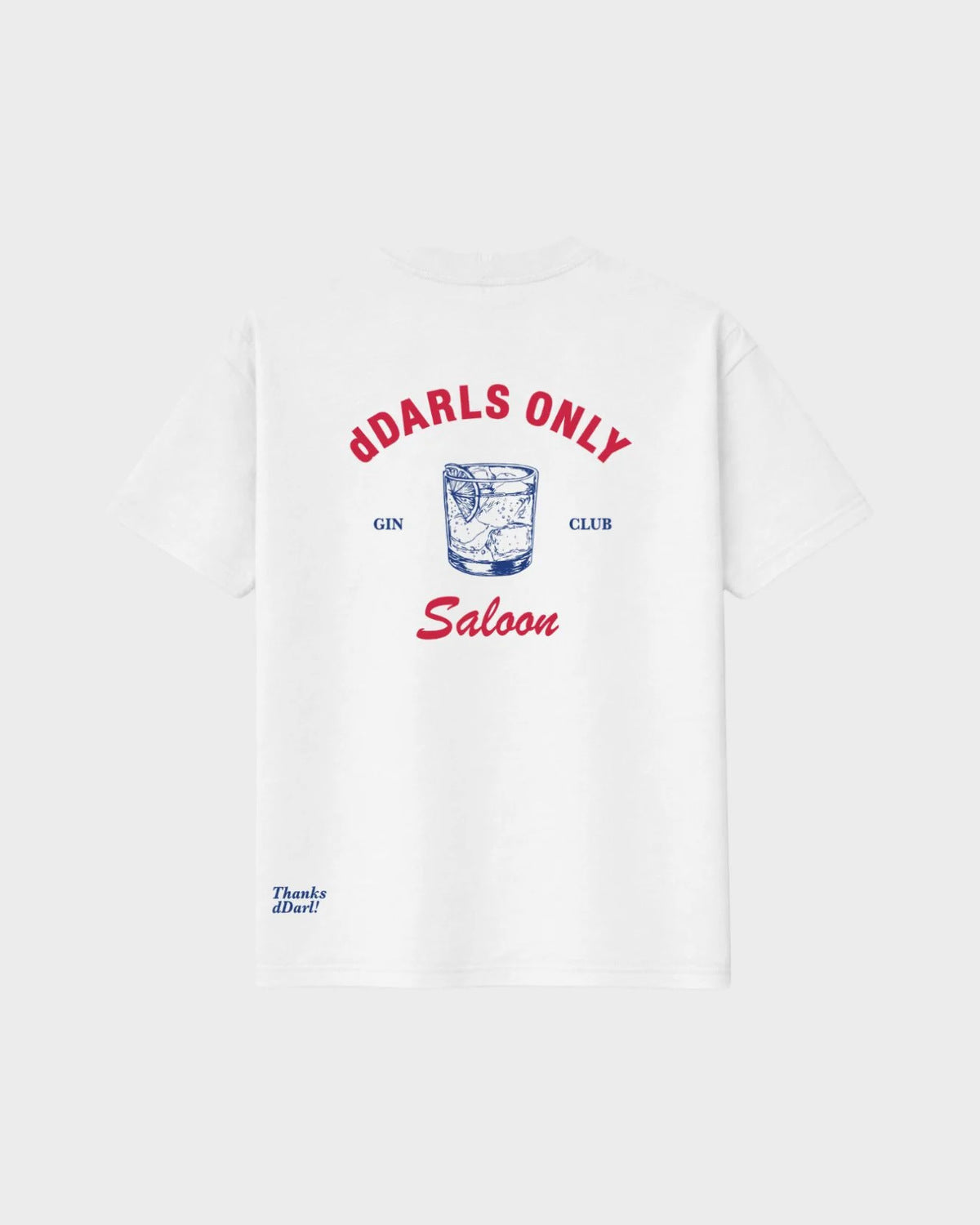dDARL Saloon Tee in White, back flat lay with Gin Club graphic